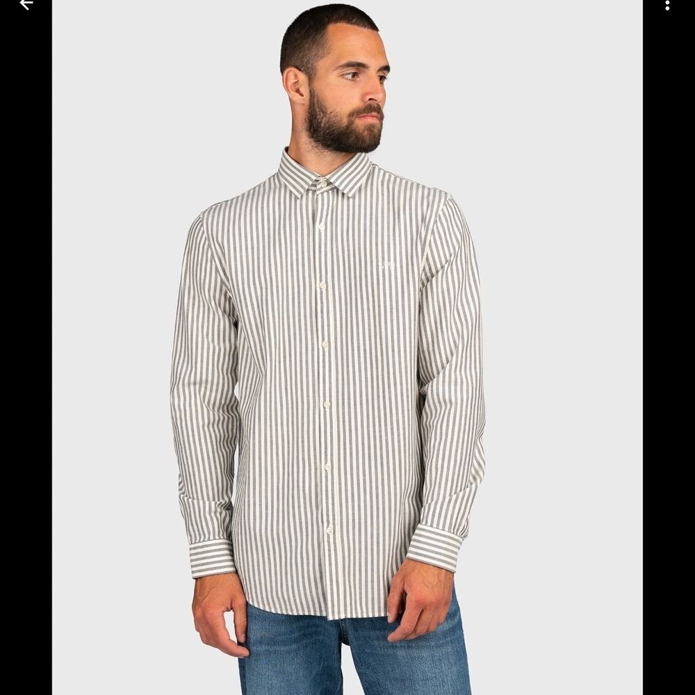 Guess Men's Black and White Striped Button Down Shirt